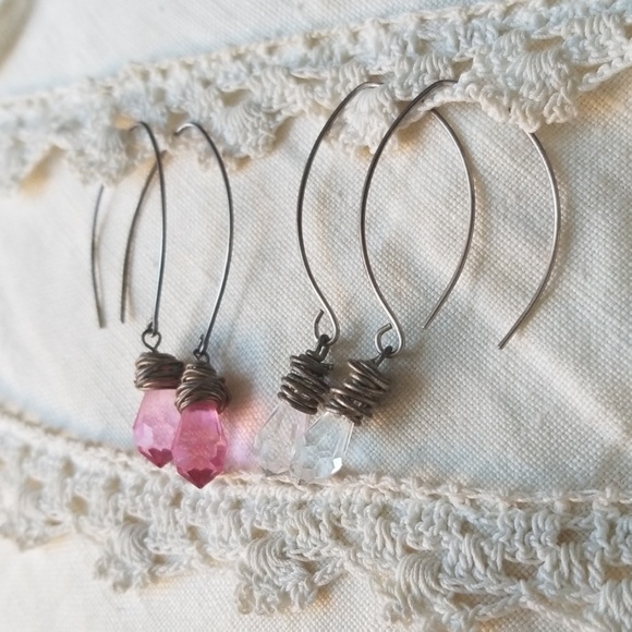 Handmade Crystal Drop Earrings - Pink or Clear in Silver - Picture 3 of 6